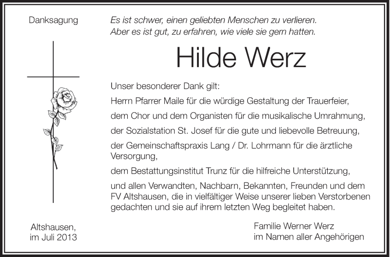  Traueranzeige für Hilde Werz vom 20.07.2013 aus Schwäbische Zeitung