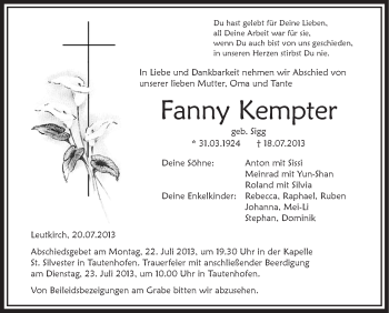 Anzeige von Fanny Kempter von Schwäbische Zeitung