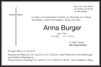 Anzeige von Anna Burger von Schwäbische Zeitung