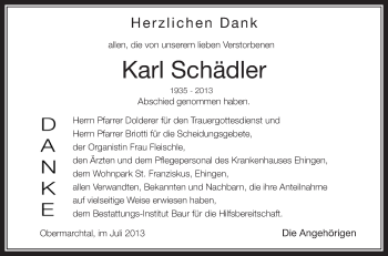 Anzeige von Karl Schädler von Schwäbische Zeitung