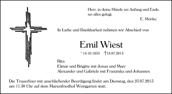 Anzeige von Emil Wiest von Schwäbische Zeitung
