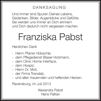 Anzeige von Franziska Pabst von Schwäbische Zeitung