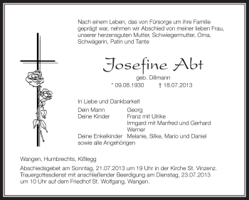 Anzeige von Josefine Abt von Schwäbische Zeitung