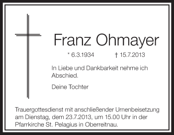 Anzeige von Franz Ohmayer von Schwäbische Zeitung