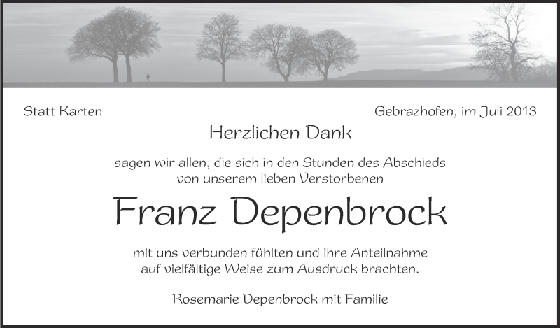 Traueranzeige für Franz Depenbrock vom 22.07.2013 aus Schwäbische Zeitung
