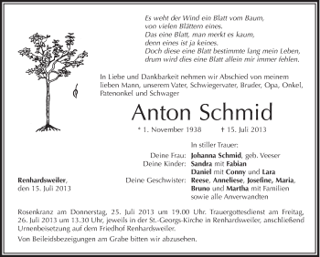 Anzeige von Anton Schmid von Schwäbische Zeitung