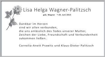Anzeige von Lisa Helga Wagner-Palitzsch von Schwäbische Zeitung