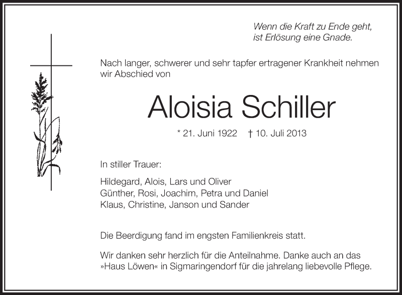  Traueranzeige für Aloisia Schiller vom 27.07.2013 aus Schwäbische Zeitung