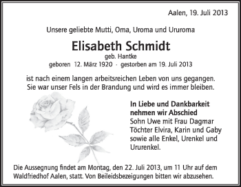 Anzeige von Elisabeth Schmidt von Schwäbische Zeitung