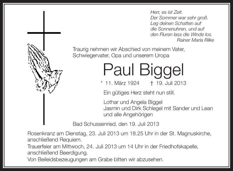 Traueranzeige für Paul Biggel vom 22.07.2013 aus Schwäbische Zeitung