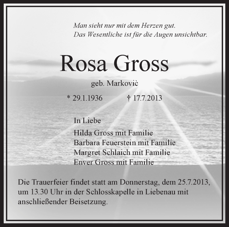  Traueranzeige für Rosa Gross vom 23.07.2013 aus Schwäbische Zeitung