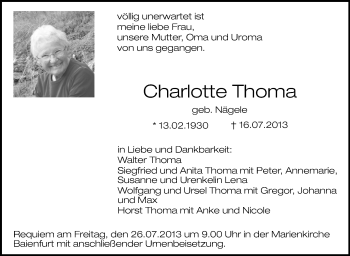 Anzeige von Charlotte Thoma von Schwäbische Zeitung