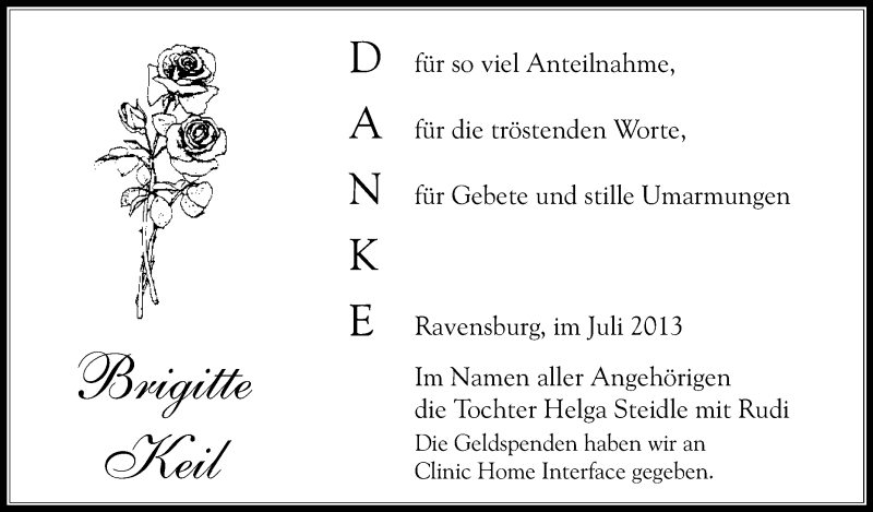  Traueranzeige für Brigitte Keil vom 27.07.2013 aus Schwäbische Zeitung
