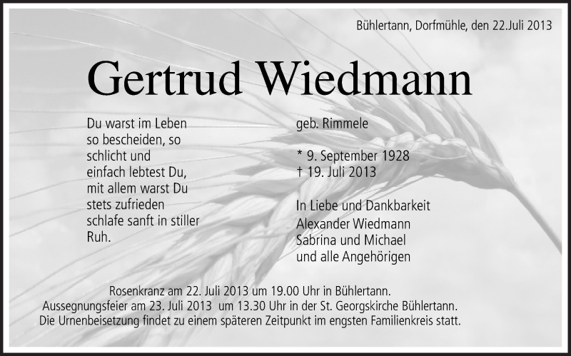  Traueranzeige für Gertrud Wiedmann vom 23.07.2013 aus Schwäbische Zeitung
