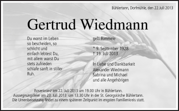 Anzeige von Gertrud Wiedmann von Schwäbische Zeitung