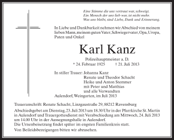 Anzeige von Karl Kanz von Schwäbische Zeitung