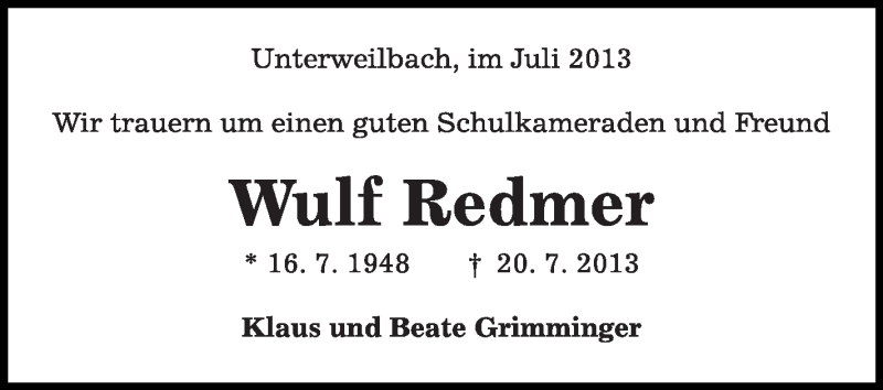  Traueranzeige für Wulf Redmer vom 23.07.2013 aus Schwäbische Zeitung