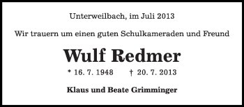 Anzeige von Wulf Redmer von Schwäbische Zeitung