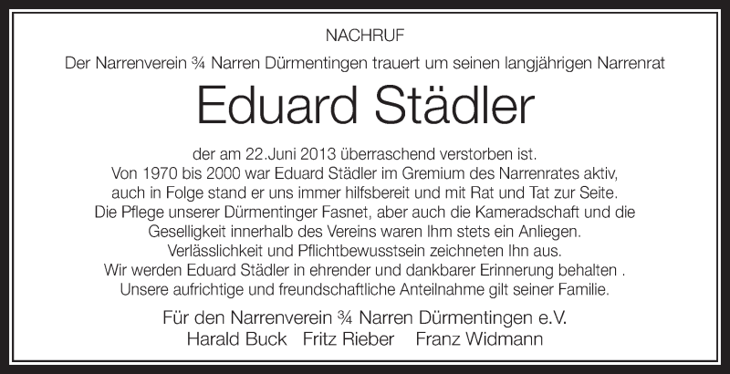  Traueranzeige für Eduard Städler vom 23.07.2013 aus Schwäbische Zeitung
