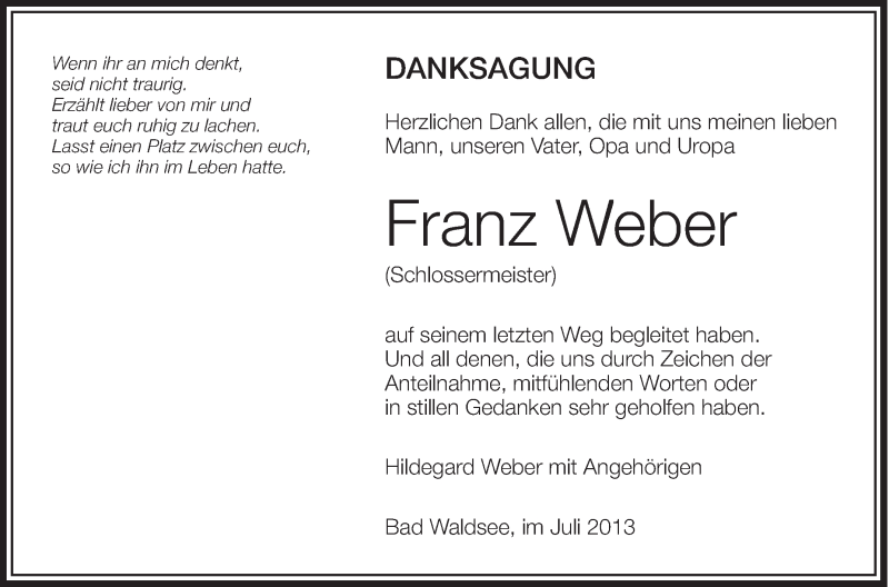  Traueranzeige für Franz Weber vom 24.07.2013 aus Schwäbische Zeitung