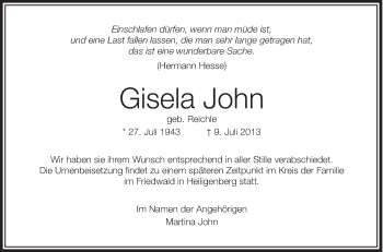 Anzeige von Gisela John von Schwäbische Zeitung