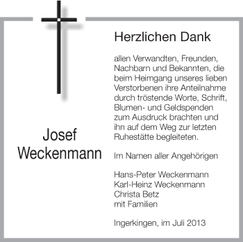 Anzeige von Josef Weckenmann von Schwäbische Zeitung