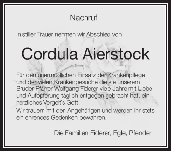 Anzeige von Cordula Aierstock von Schwäbische Zeitung