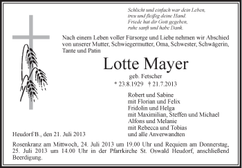 Anzeige von Lotte Mayer von Schwäbische Zeitung