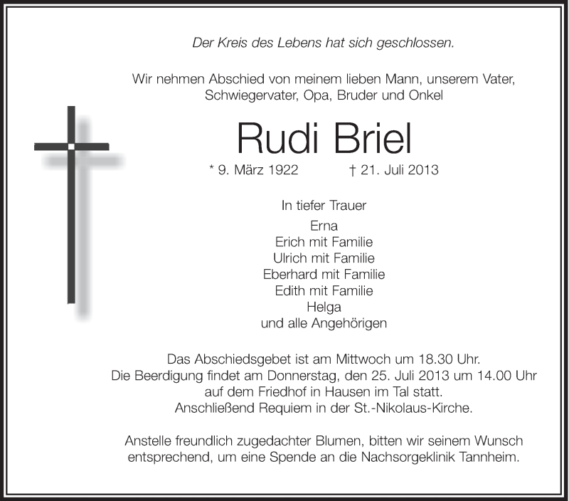  Traueranzeige für Rudi Briel vom 23.07.2013 aus Schwäbische Zeitung