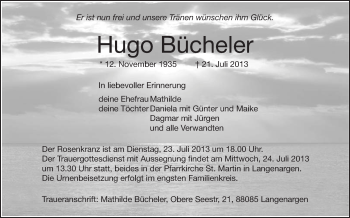 Anzeige von Hugo Bücheler von Schwäbische Zeitung