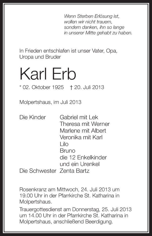  Traueranzeige für Karl Erb vom 23.07.2013 aus Schwäbische Zeitung