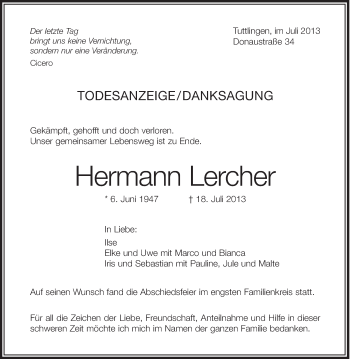 Anzeige von Hermann Lercher von Schwäbische Zeitung