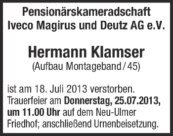 Anzeige von Hermann Klamser von Schwäbische Zeitung
