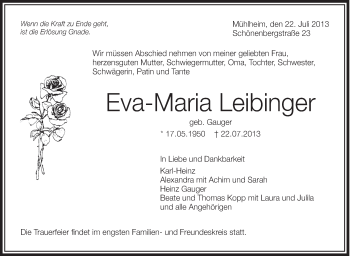 Anzeige von Eva-Maria Leibinger von Schwäbische Zeitung