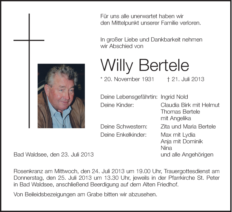  Traueranzeige für Willy Bertele vom 23.07.2013 aus Schwäbische Zeitung