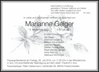 Anzeige von Marianne Geiger von Schwäbische Zeitung