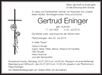 Anzeige von Gertrud Eninger von Schwäbische Zeitung