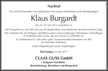Anzeige von Klaus Burgardt von Schwäbische Zeitung