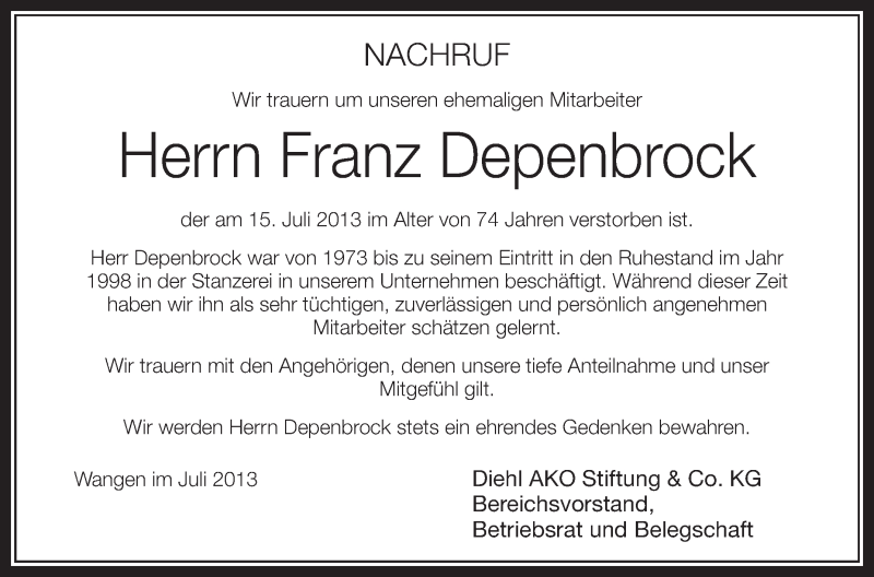  Traueranzeige für Franz Depenbrock vom 24.07.2013 aus Schwäbische Zeitung