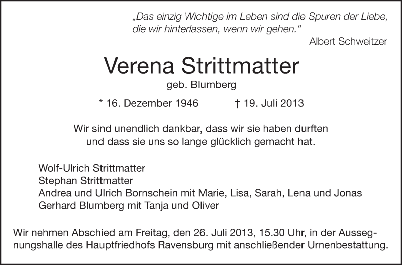  Traueranzeige für Verena Strittmatter vom 24.07.2013 aus Schwäbische Zeitung