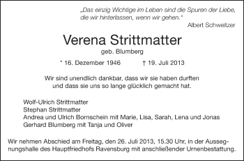 Anzeige von Verena Strittmatter von Schwäbische Zeitung