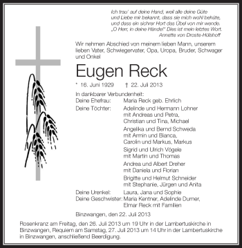 Anzeige von Eugen Reck von Schwäbische Zeitung