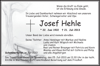 Anzeige von Josef Hehle von Schwäbische Zeitung