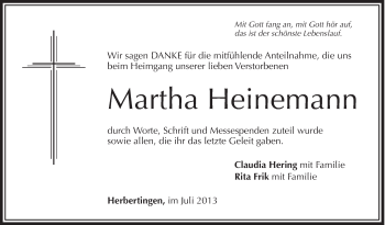 Anzeige von Martha Heinemann von Schwäbische Zeitung