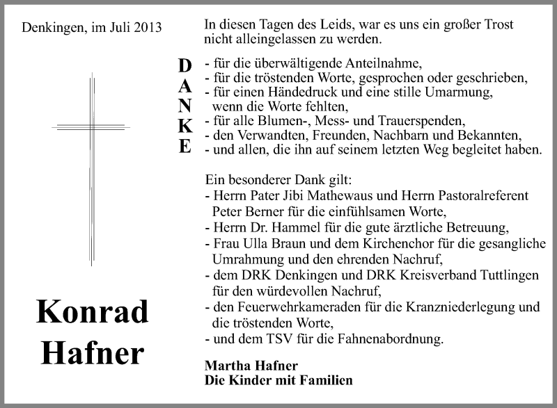  Traueranzeige für Konrad Hafner vom 24.07.2013 aus Schwäbische Zeitung