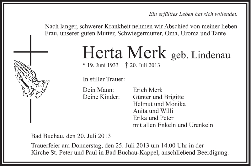  Traueranzeige für Herta Merk vom 24.07.2013 aus Schwäbische Zeitung