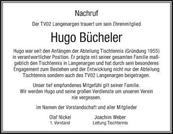 Anzeige von Hugo Bücheler von Schwäbische Zeitung