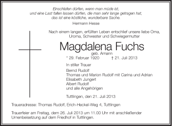 Anzeige von Magdalena Fuchs von Schwäbische Zeitung