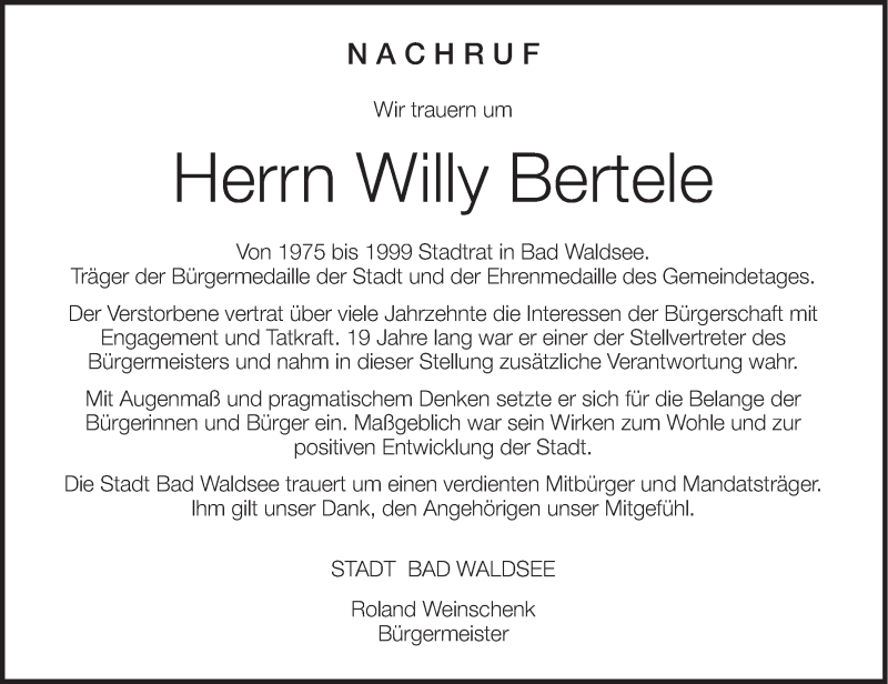  Traueranzeige für Willy Bertele vom 25.07.2013 aus Schwäbische Zeitung