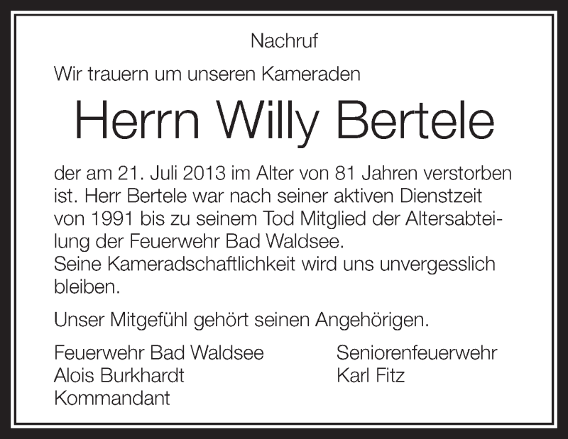 Traueranzeige für Willy Bertele vom 25.07.2013 aus Schwäbische Zeitung